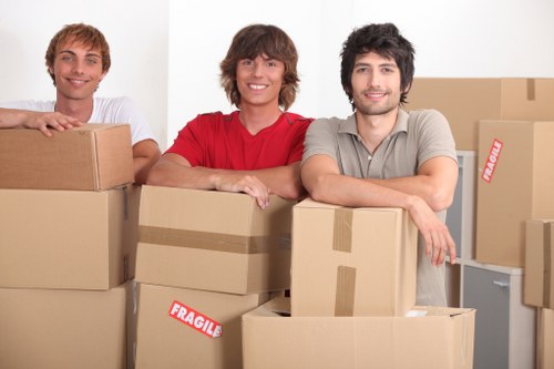 Packed commercial boxes and office items ready for transport